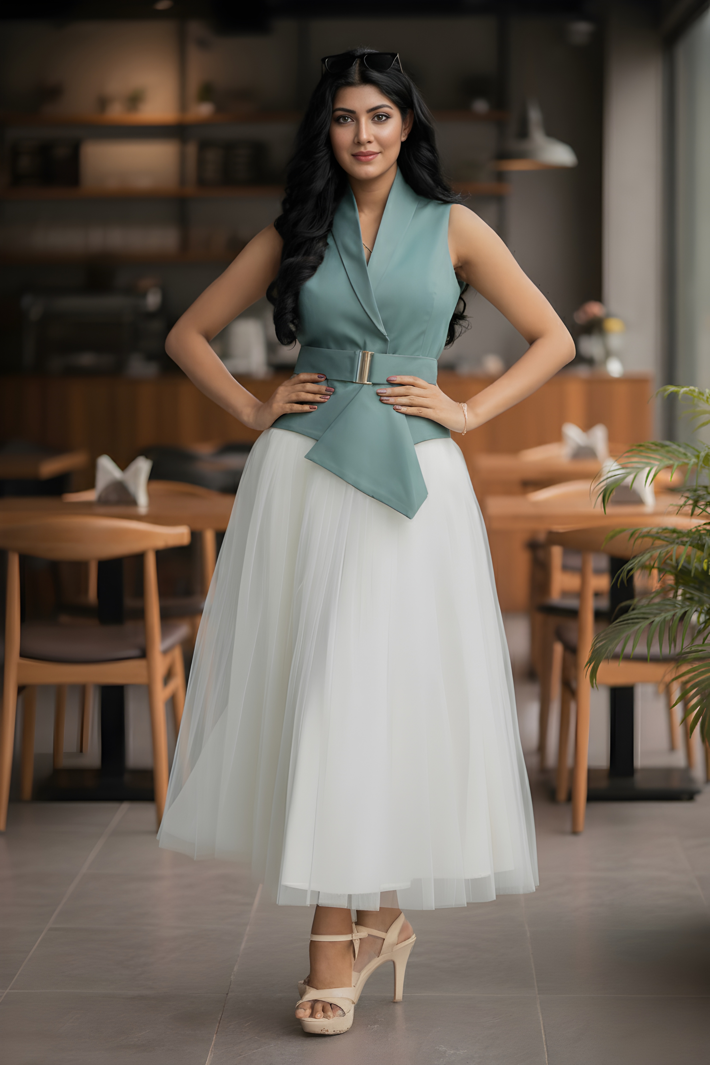 Ivory Skirt & Sea Green Waist Coat – Serene Sophistication